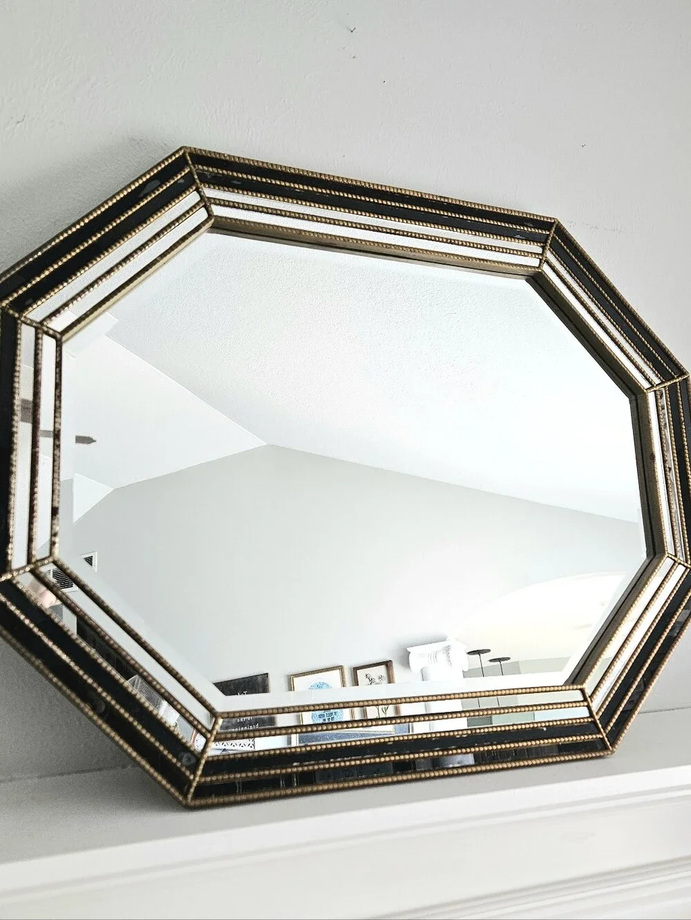 Vintage LaBarge Large Octagonal Gilt Brass Layered Mirror With Black Panels